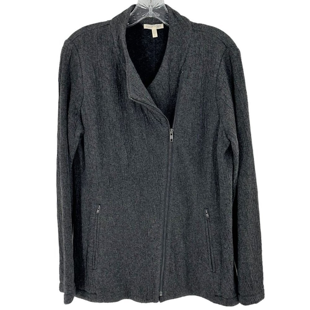 EILEEN FISHER Charcoal Gray Asymmetrical Zip Front Knit Moto Jacket Size Medium